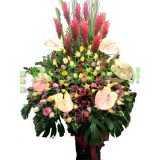 AGS022-生意興隆 - 128支玫瑰包括红色,粉色,黃色, 橙色,桃粉, 香賓及香賓掌及紅薹襯葉原木梯高架鮮花籃 (7"呎高)